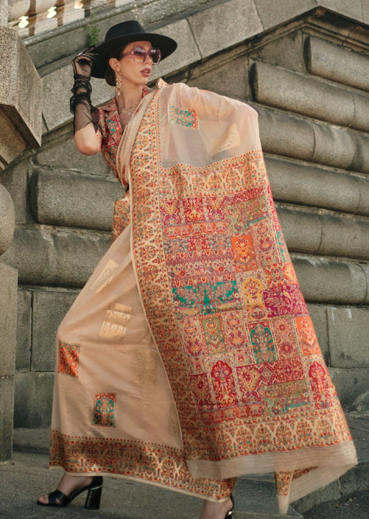 Pure luxury handloom kashmiri silk embroidered off white saree online price.