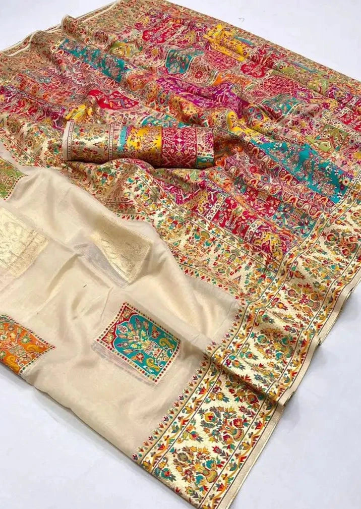 Pure luxury handloom kashmiri silk embroidered off white saree online.