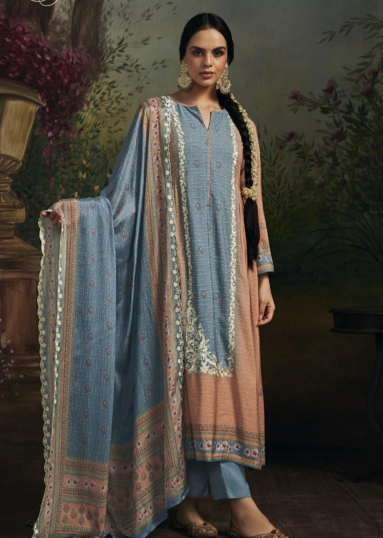 Pure muslin unstitched peach salwar suit online shopping usa uk uae with price.