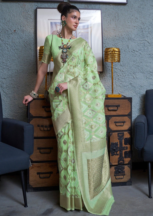 Pure organic banarasi linen silk lime green saree usa online shopping.