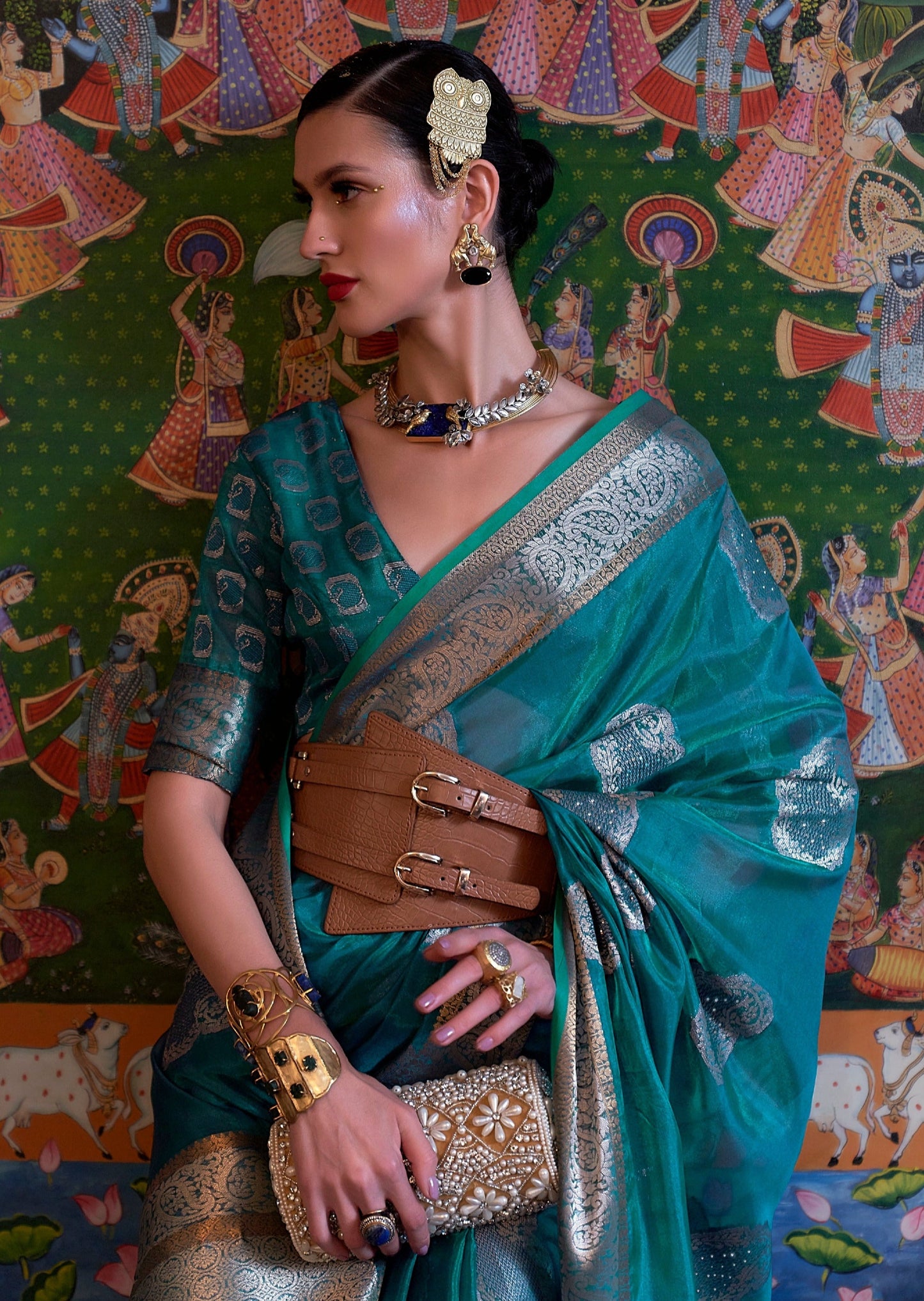 Pure organza banarasi blue handloom saree online shopping price.