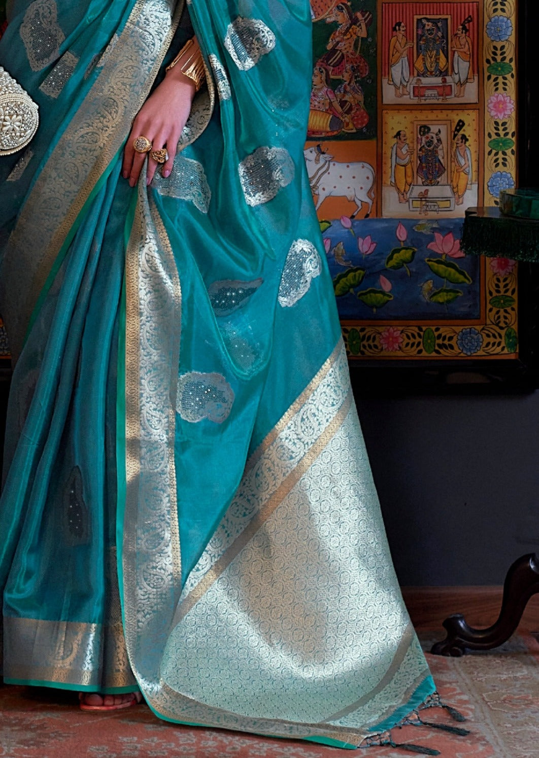 Pure organza banarasi blue handloom saree online shopping for wedding.