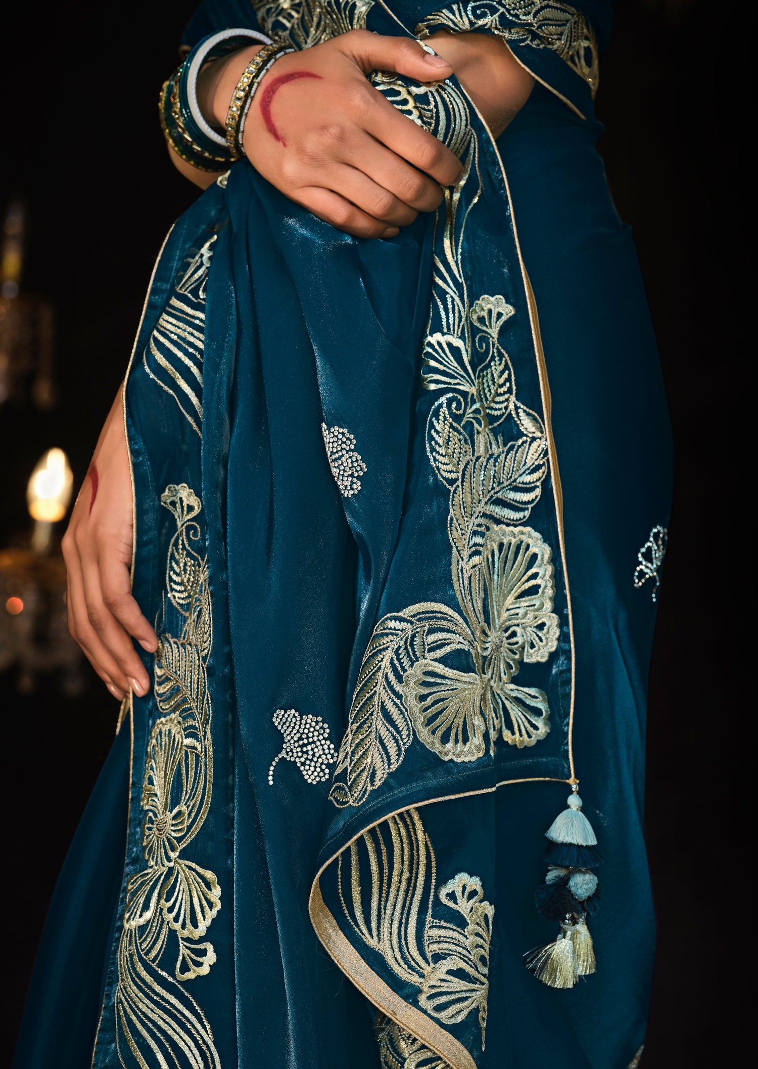 Pure organza silk teal blue saree online shopping designs at best price.