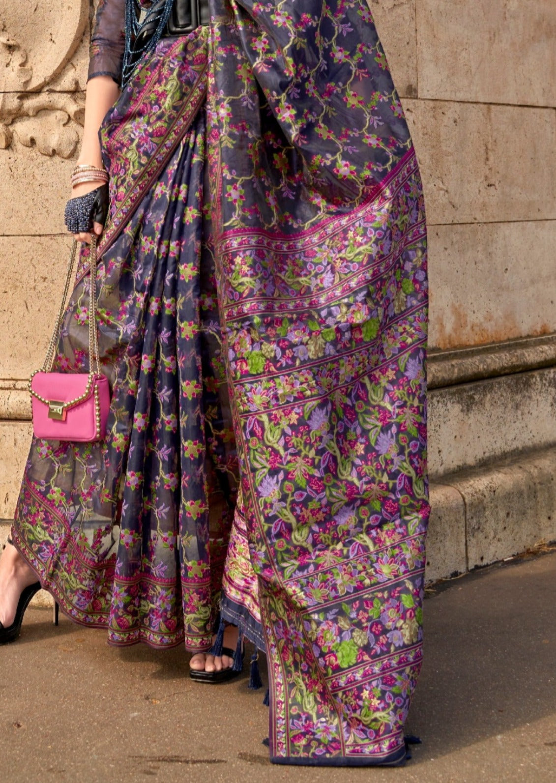 Pure organza embroidery work handloom luxury black saree online for wedding india.