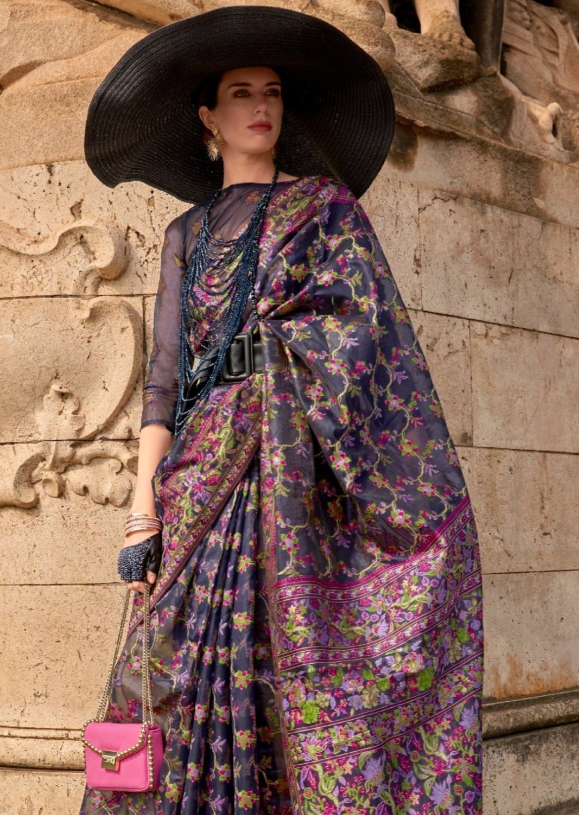 Pure organza embroidery work handloom luxury black saree online for wedding usa.