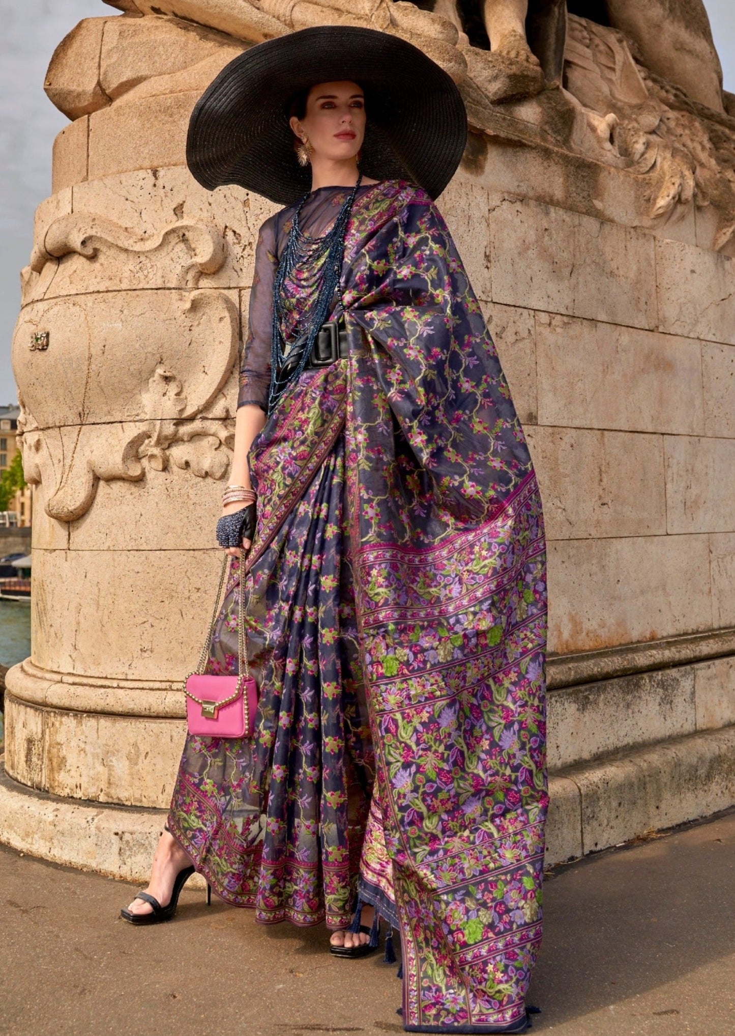 Pure organza embroidery work handloom luxury black saree online for wedding.