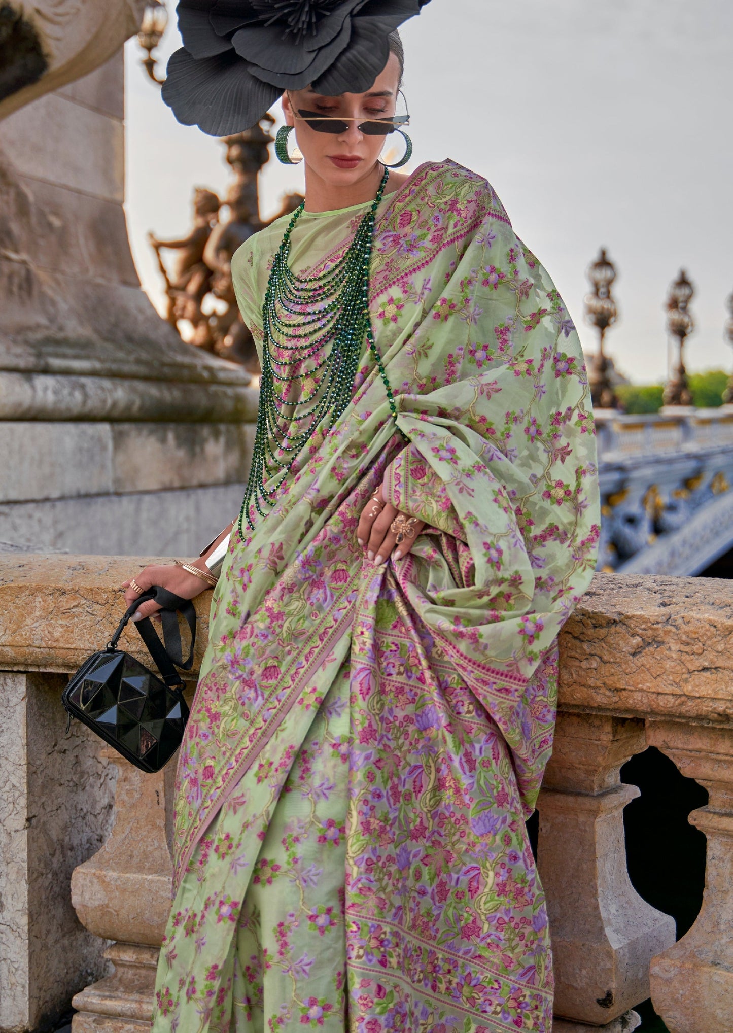 Pure organza kashmiri embroidered mint green handloom bridal saree for wedding usa.