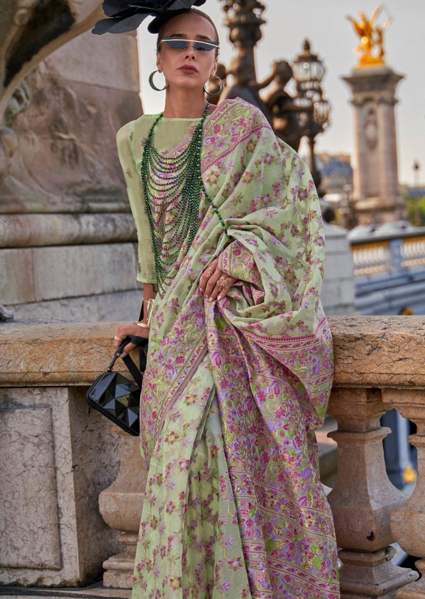 Pure organza kashmiri embroidered mint green handloom saree online india usa buy.