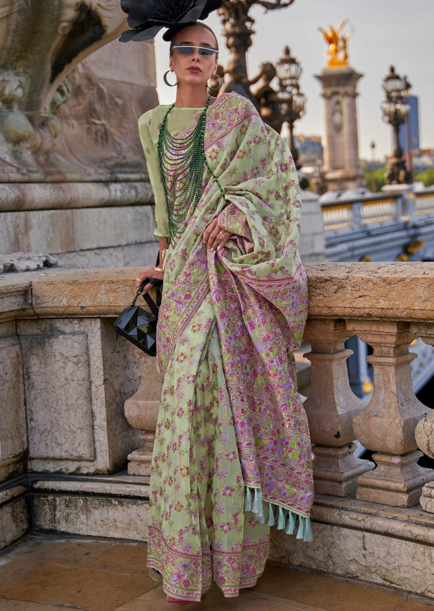 Pure organza kashmiri embroidered mint green handloom saree online india usa uk.