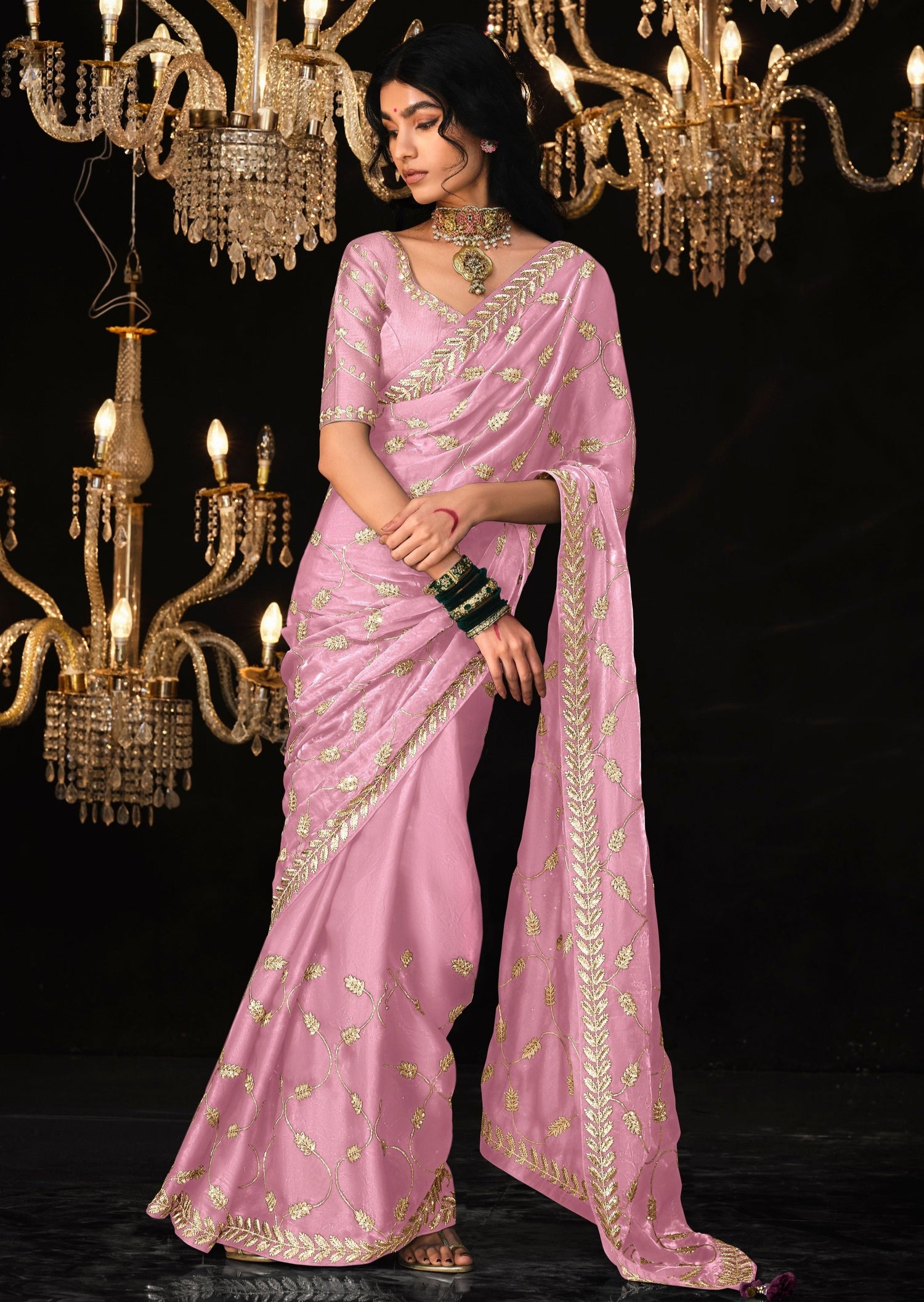 Pure organza hand embroidery pink saree usa online shopping with price.