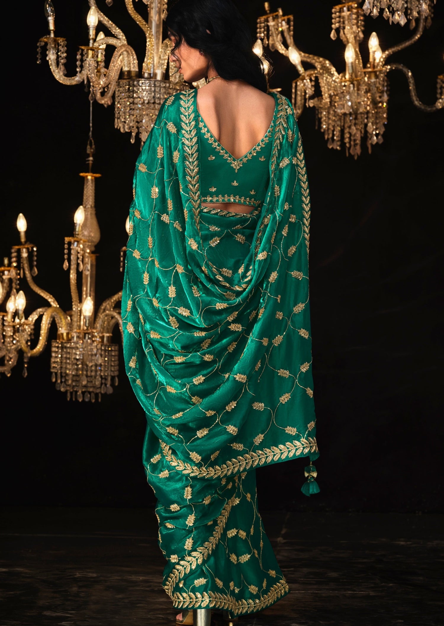 Pure organza green saree online with embroidery work design.