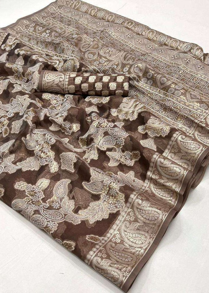 Pure Organza Chocolate Brown Lucknowi Chikankari Saree