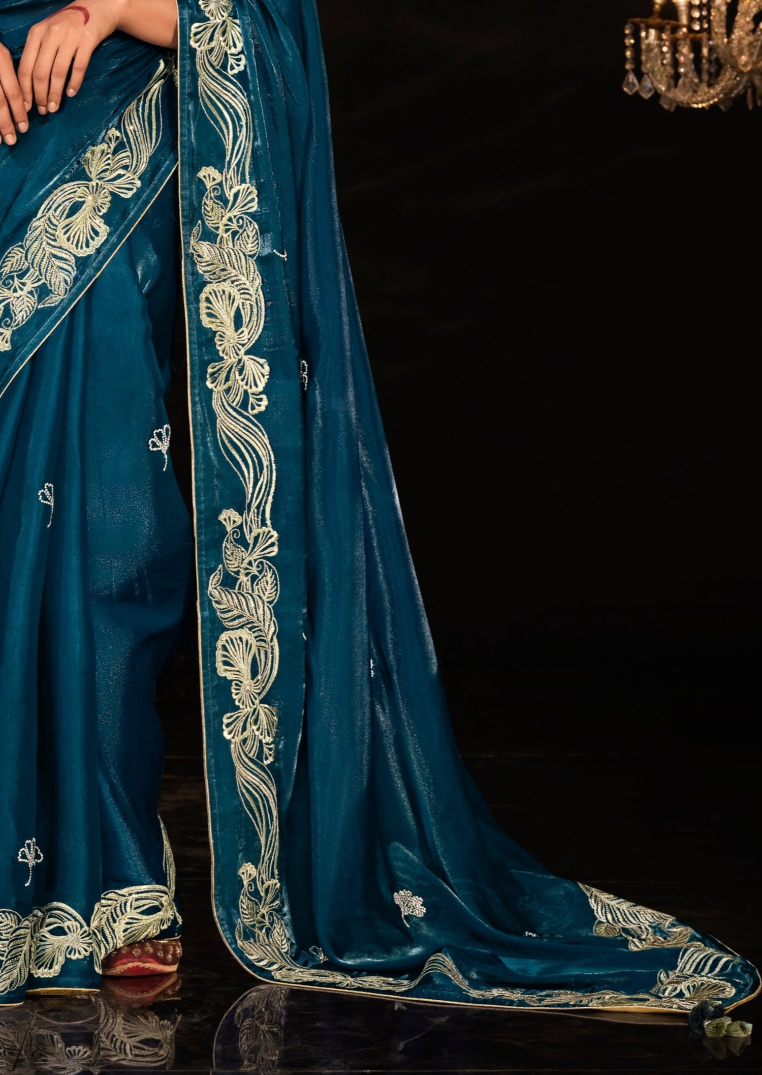 Pure organza silk teal blue saree blouse designs online shopping with hand work embroidery.