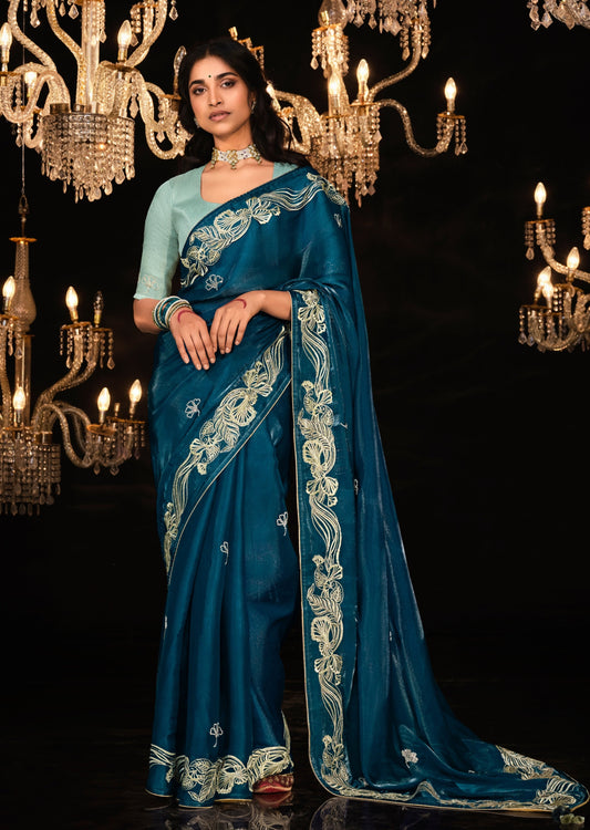 Pure organza silk teal blue saree with banarasi blouse online shopping designs.