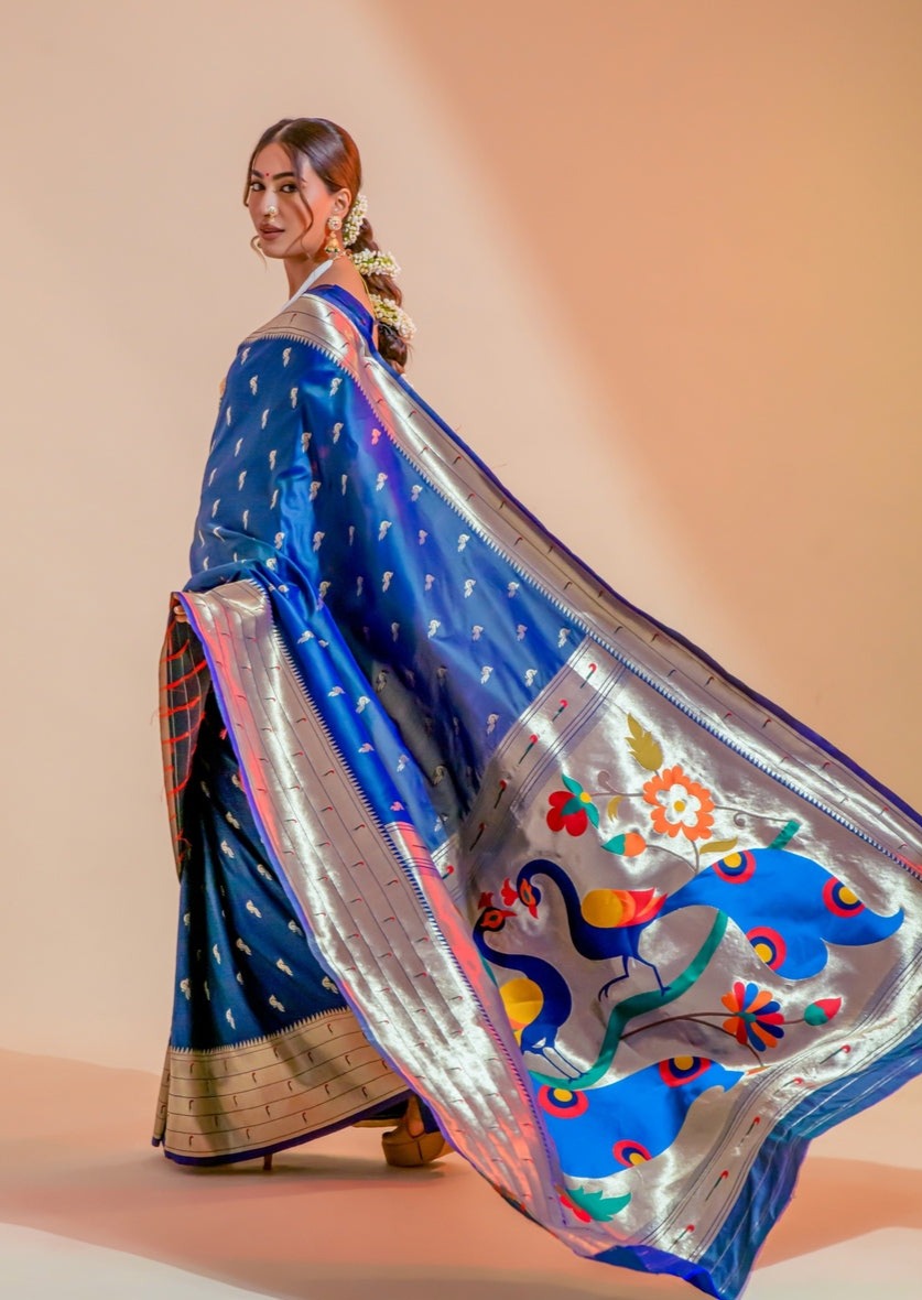 Pure paithani silk blue handloom wedding saree online usa shopping for maharashtrian bride.