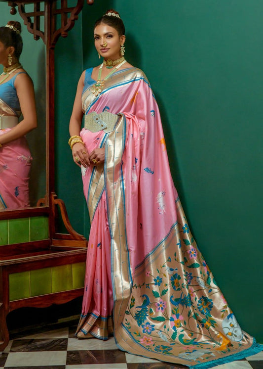 Pure paithani silk pastel pink handloom saree online with contrast blue blouse.