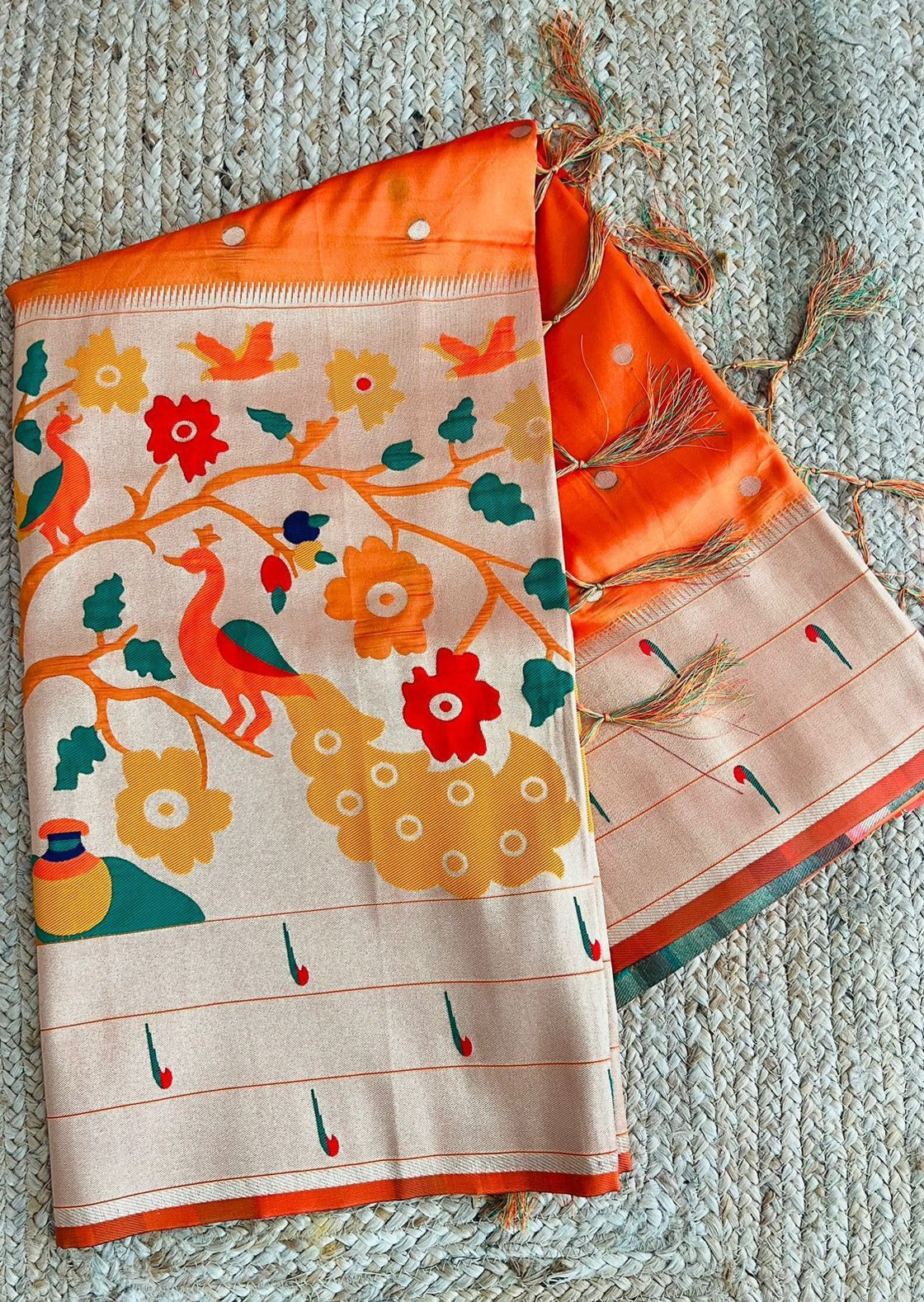 Shop pure paithani silk saree usa online in orange color.