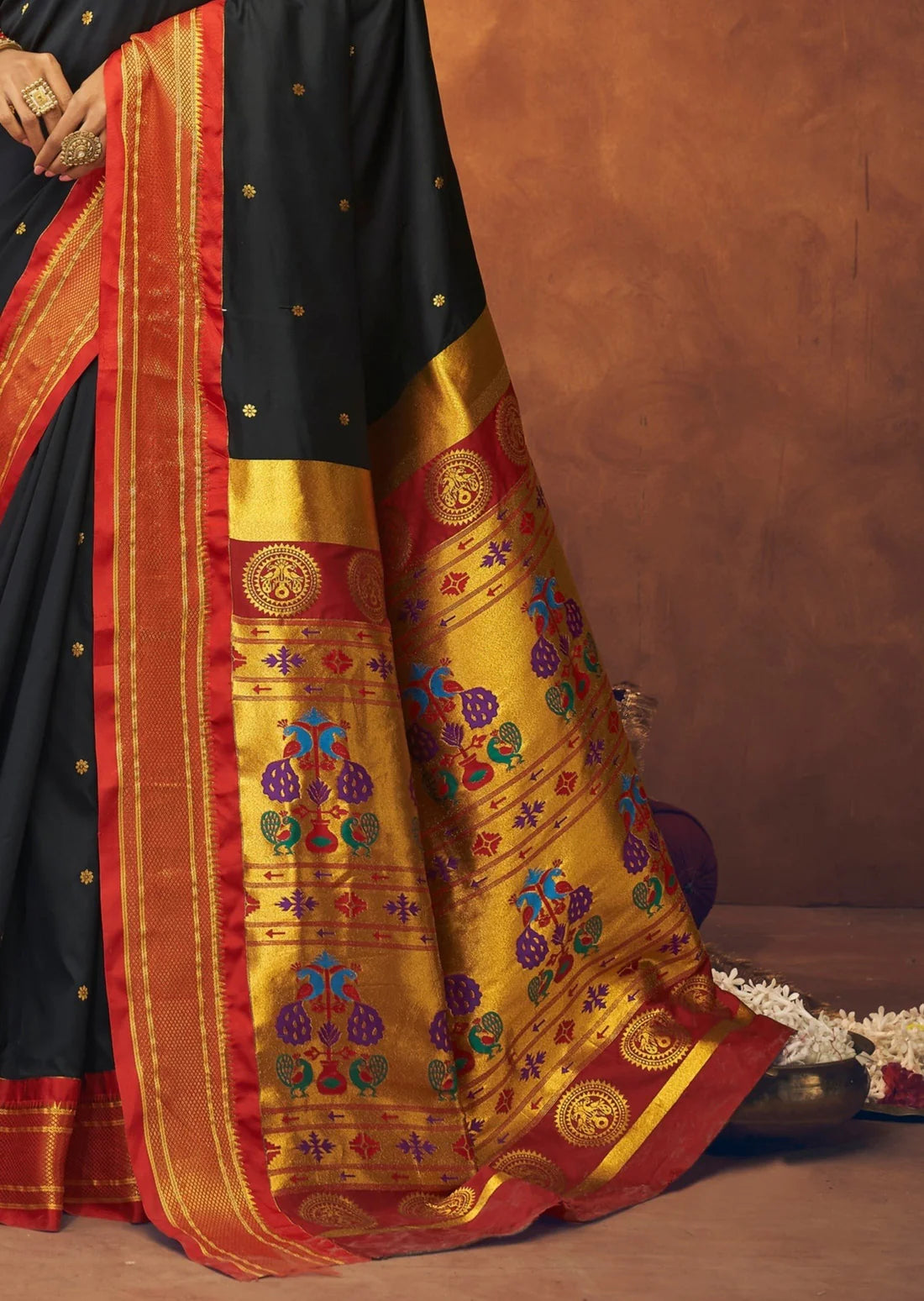 Pure paithani silk black handloom saree designs online shopping with price.