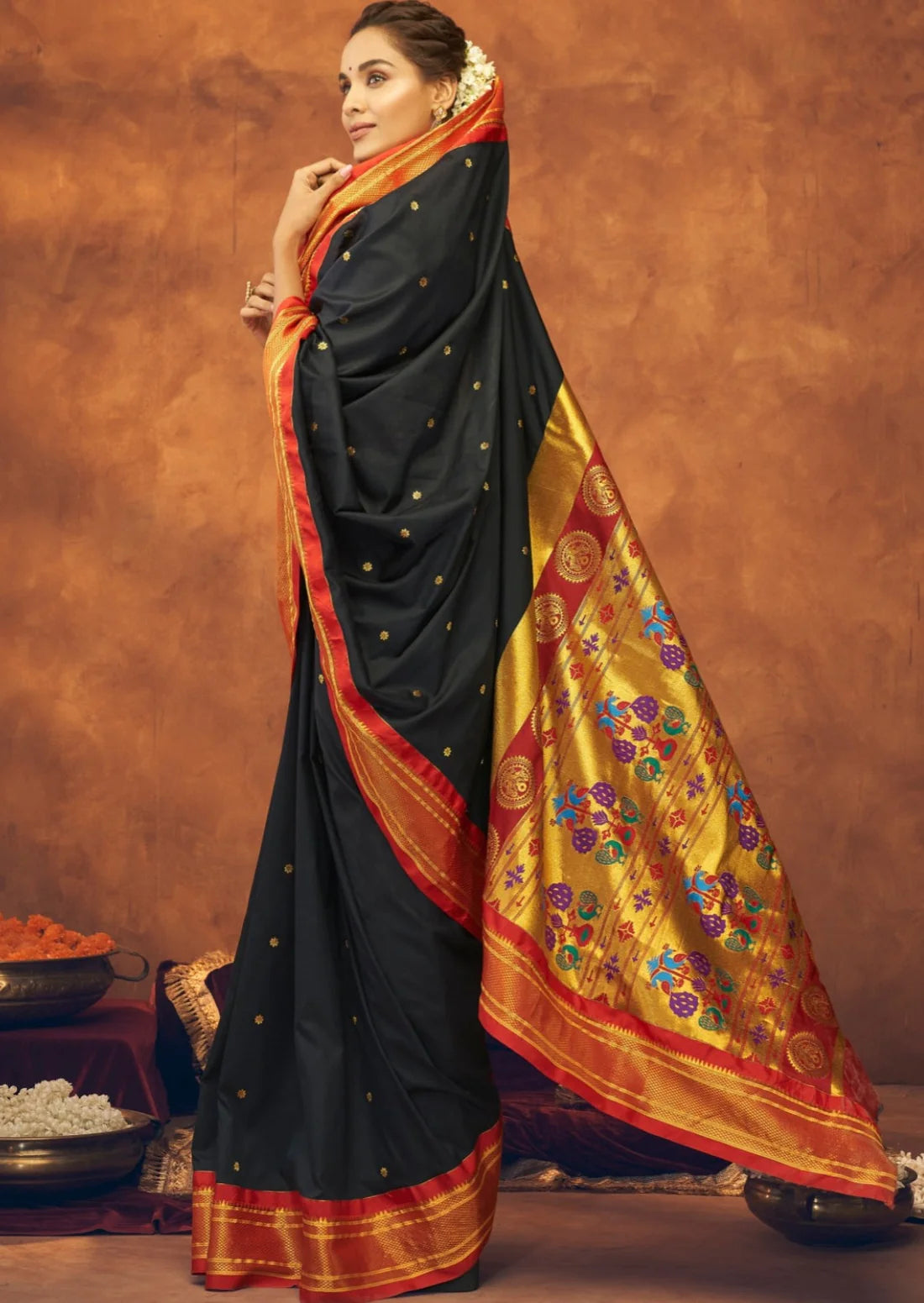 Pure paithani silk black handloom saree online shopping india usa.