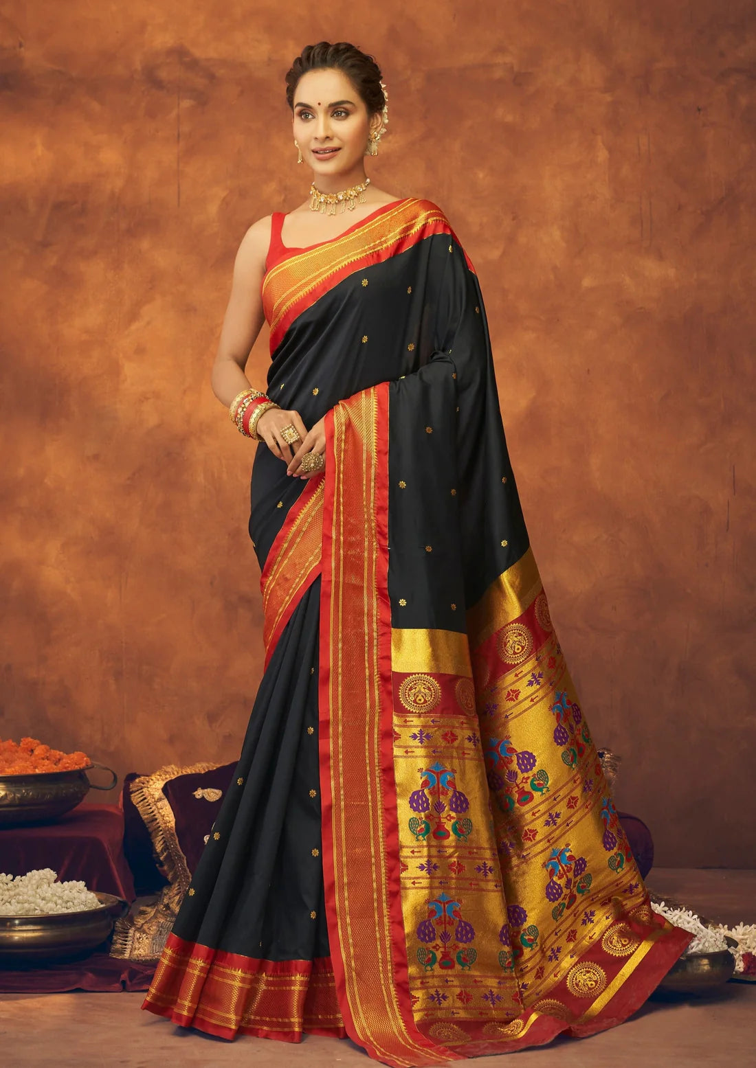 Pure paithani silk black handloom saree online shopping with price.