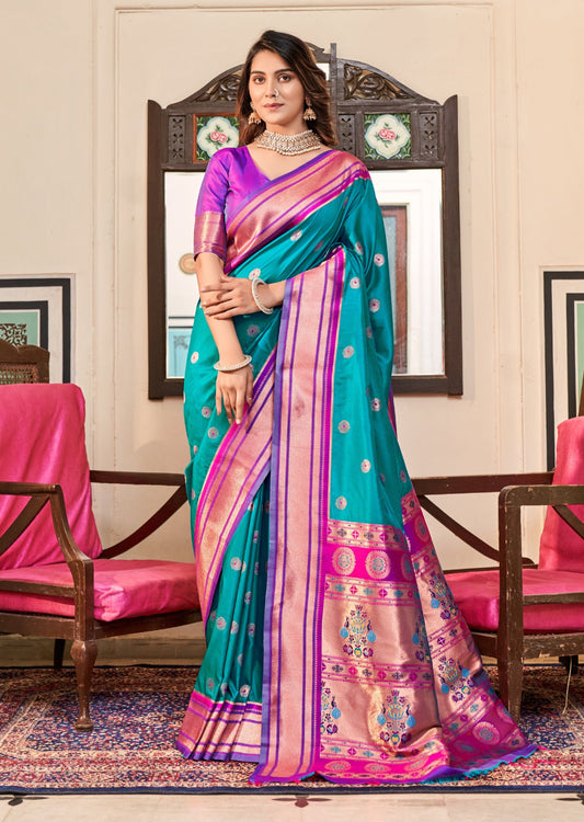 Pure Paithani Silk Turquoise Blue Handloom Saree
