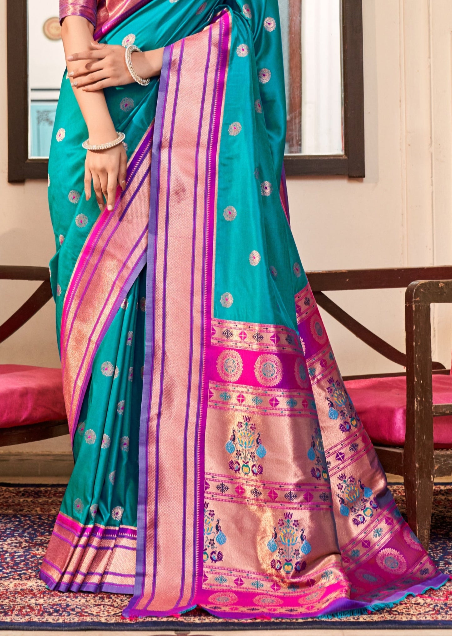 Pure paithani silk blue handloom bridal saree contrast blouse online usa india uk.