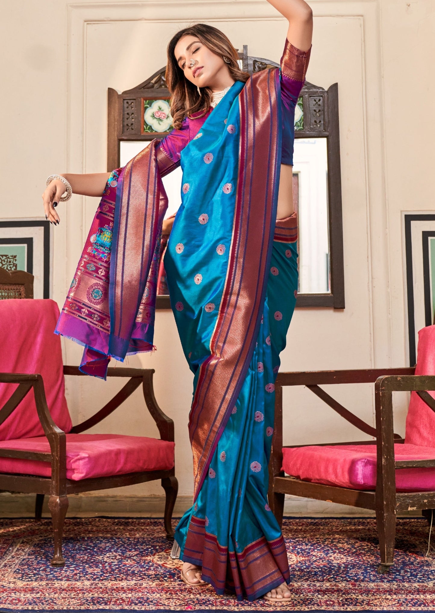 Pure paithani silk blue handloom bridal saree designs online price for bride usa.