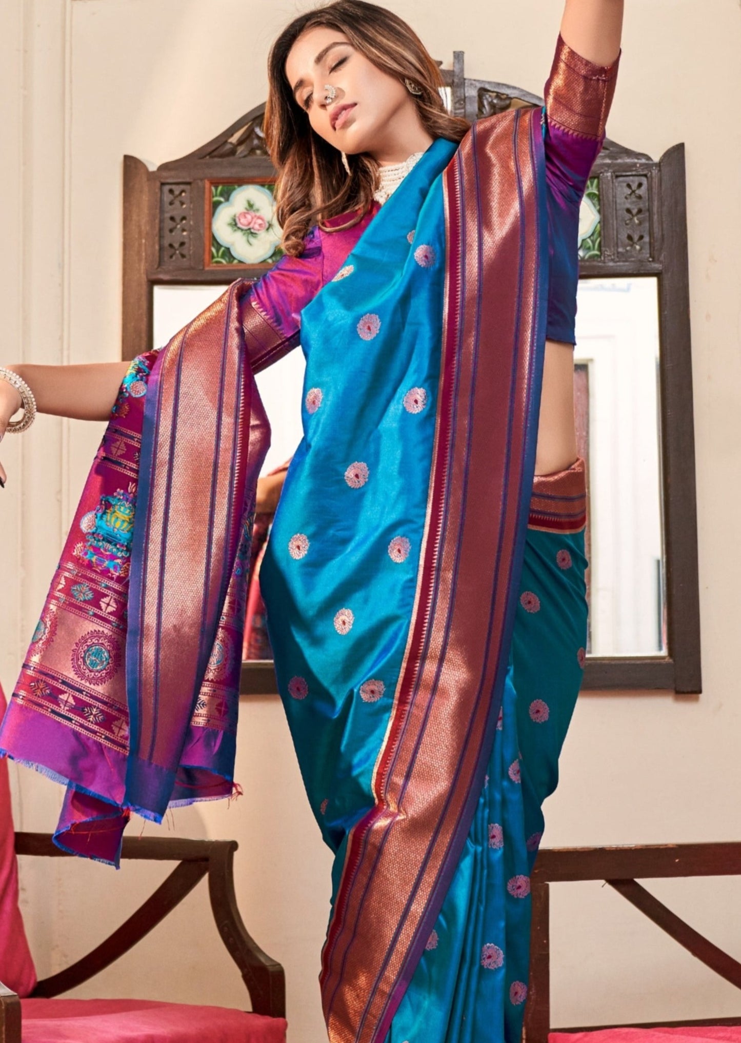 Pure paithani silk blue handloom bridal saree designs online price for bride.