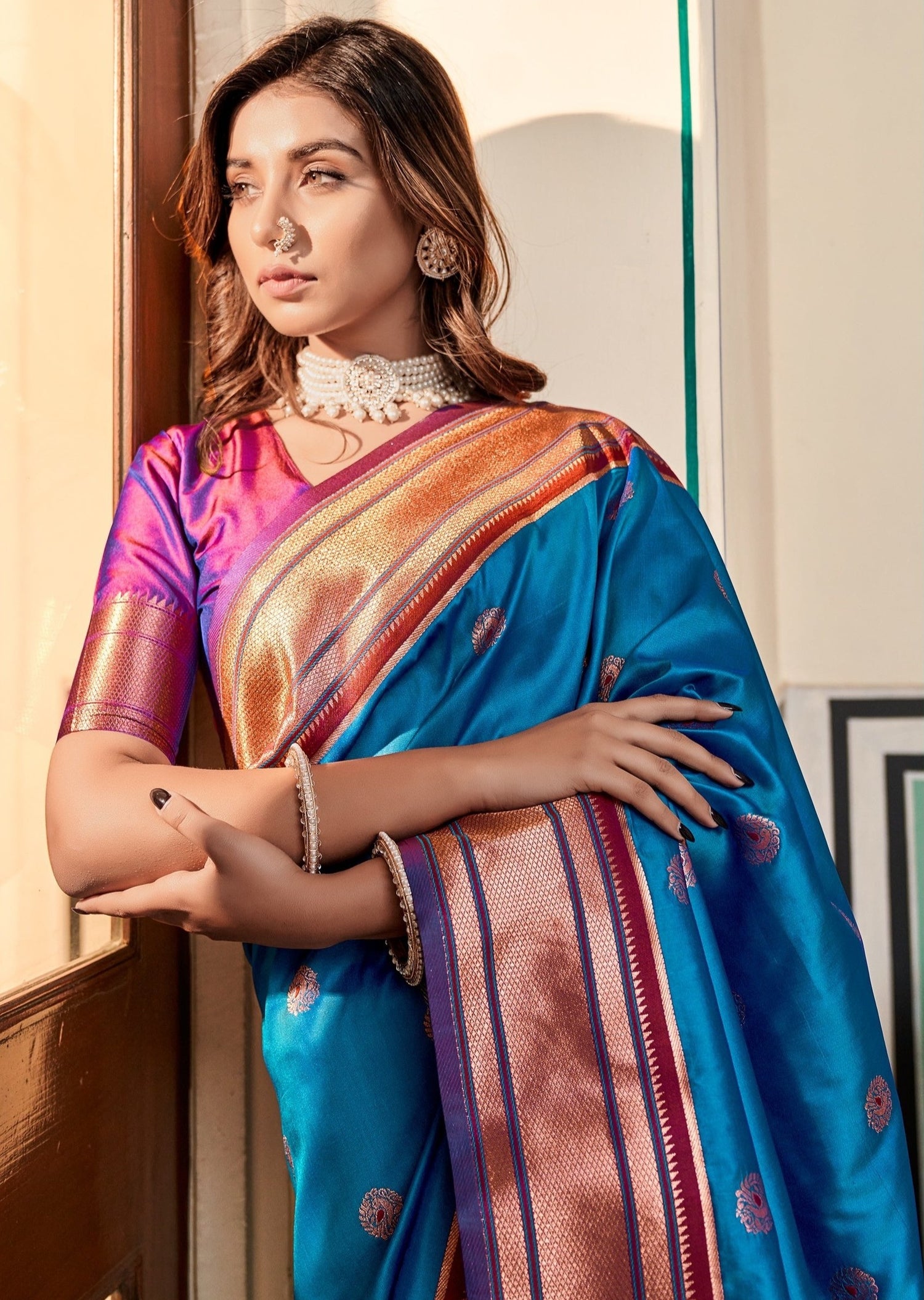Pure paithani silk blue handloom bridal saree designs online price for wedding.