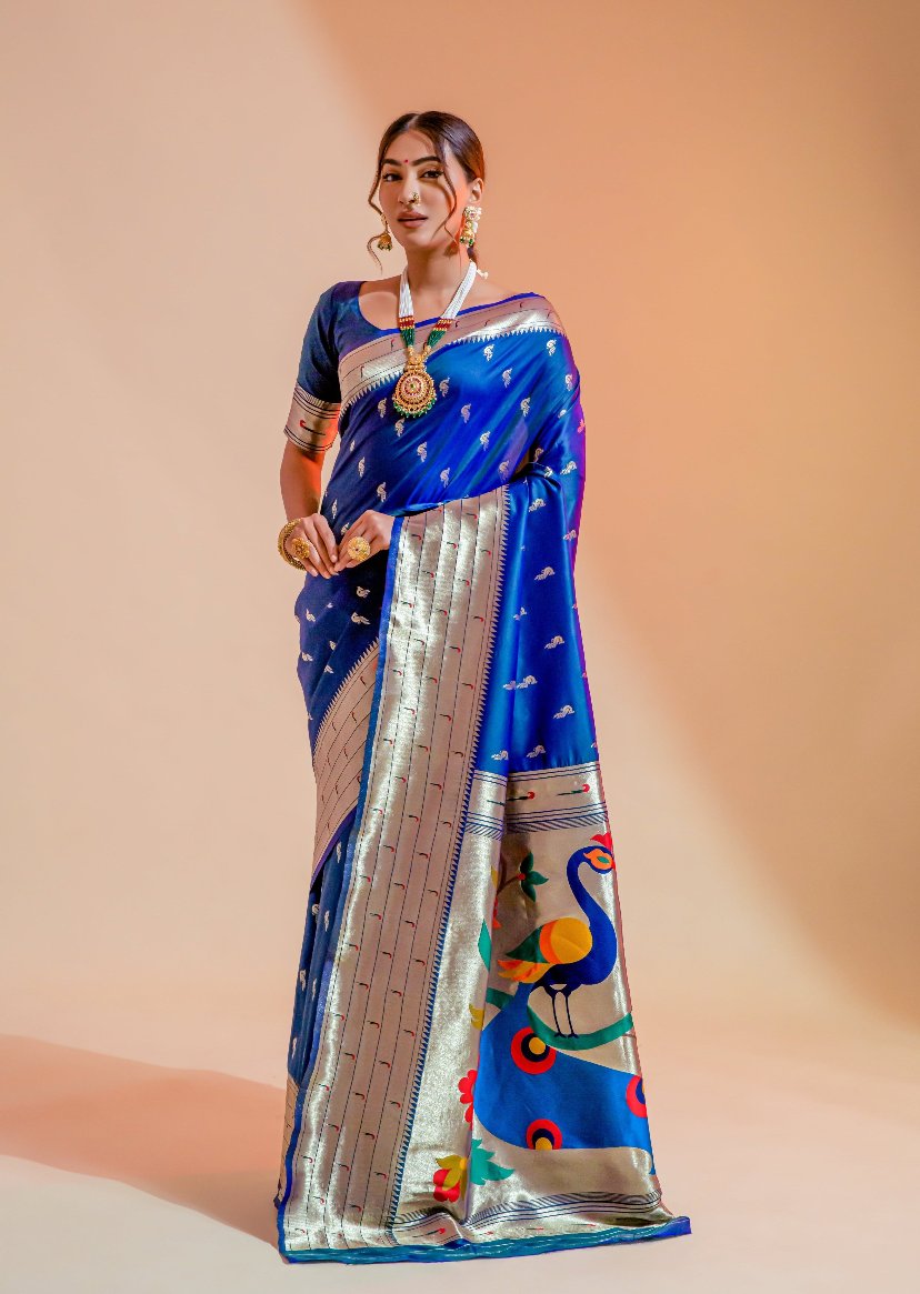 Pure paithani silk blue handloom saree online usa India for bridal look in traditional design.