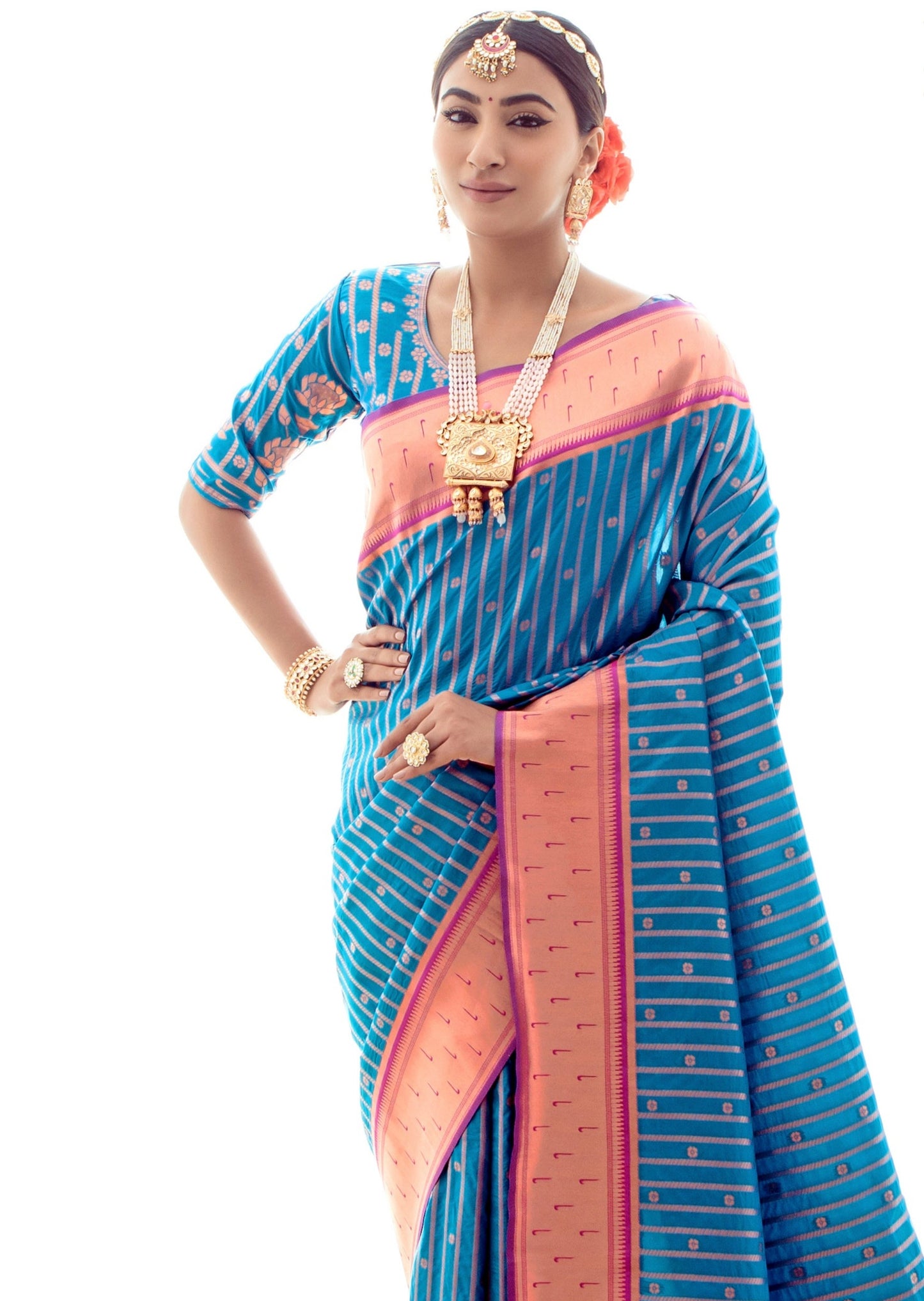 Pure Paithani Silk Blue Handloom Saree with Zari Border
