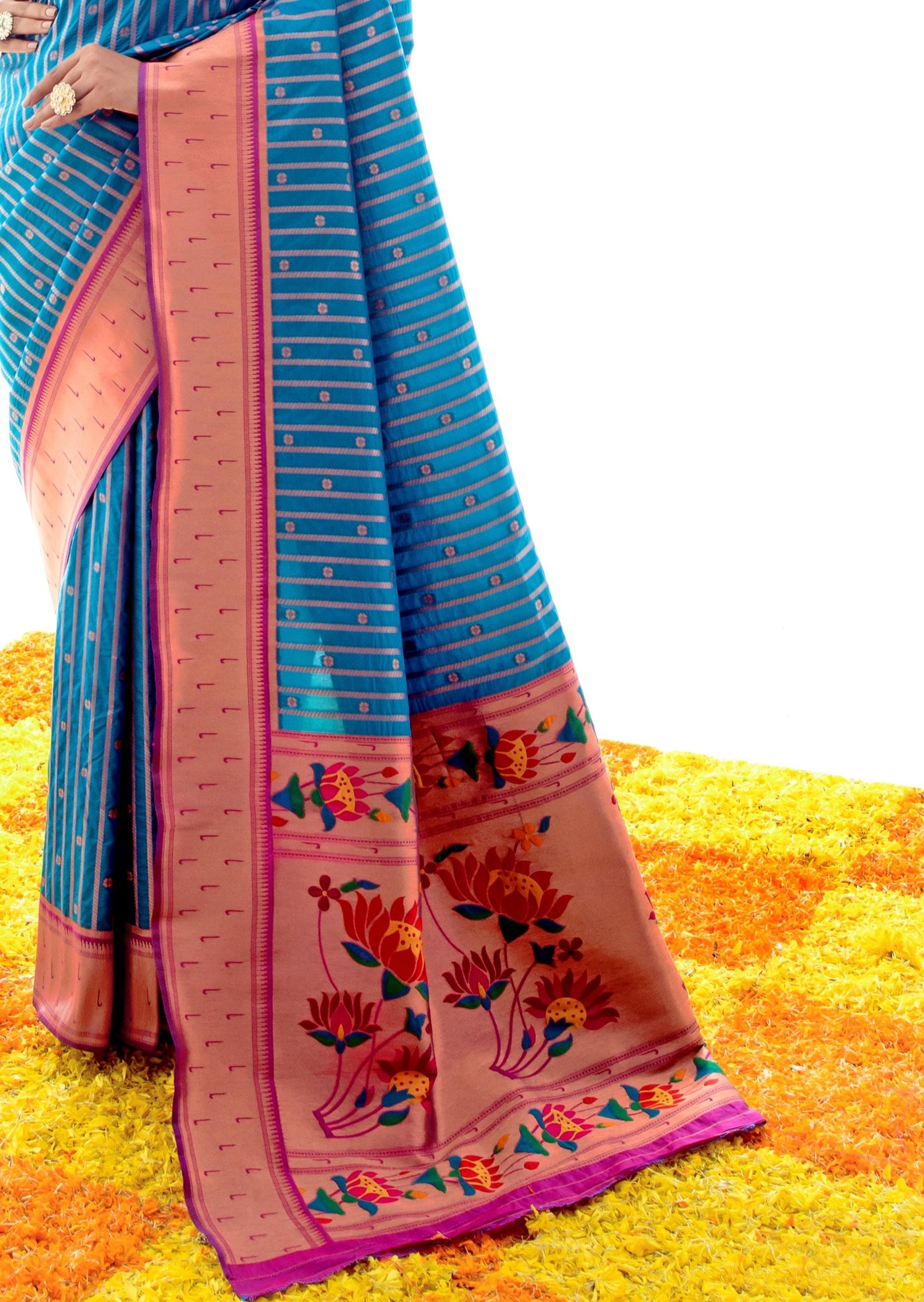 pure paithani silk blue handloom saree with zari border pallu design