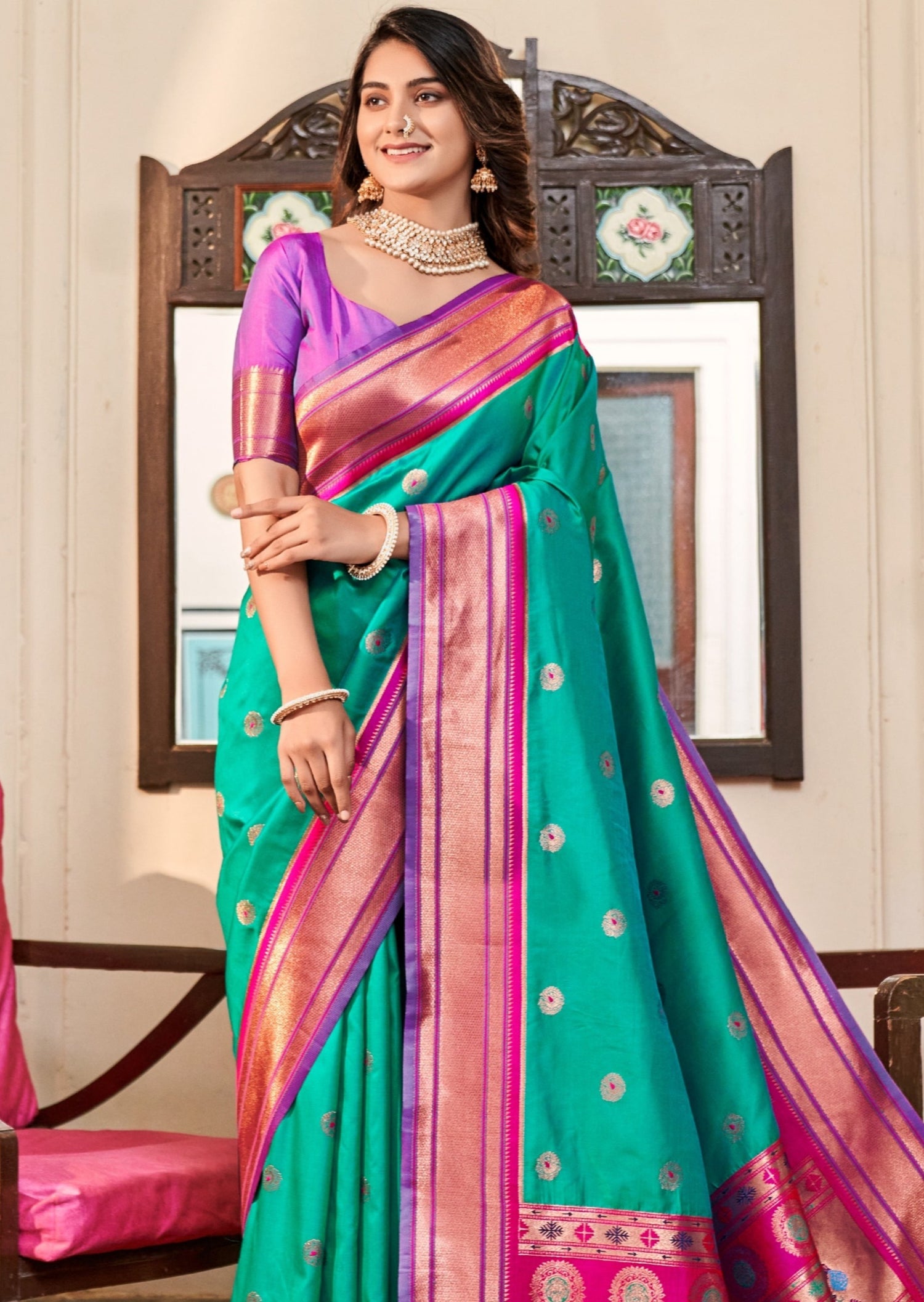 Pure paithani silk jade green handloom bridal saree designs online price for bride.