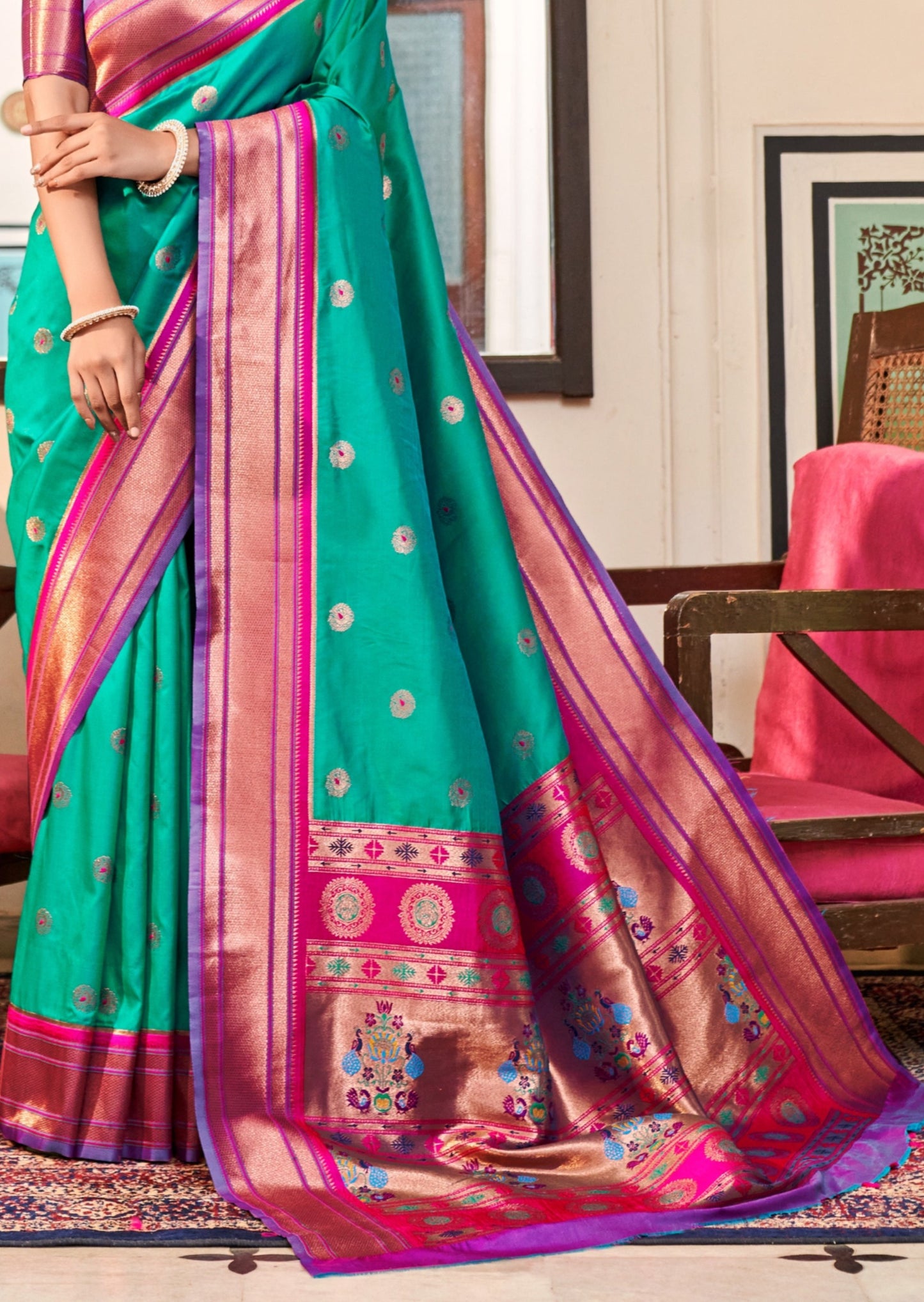 Pure paithani silk jade green handloom bridal saree online price for bride wedding.