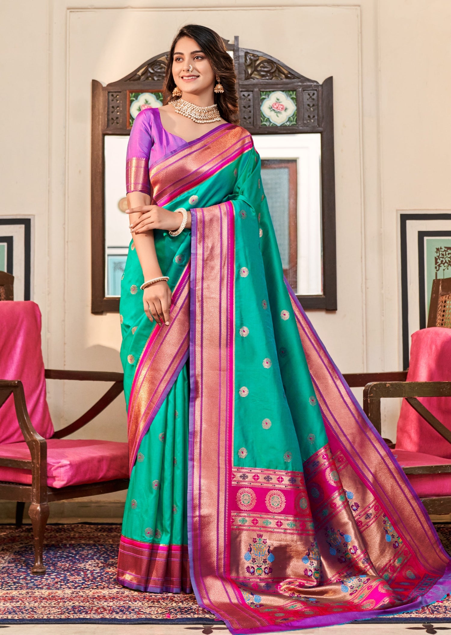 Designer Pink / Green Silk Banarasi Saree with Zari Work for Party Wea–  PAAIE
