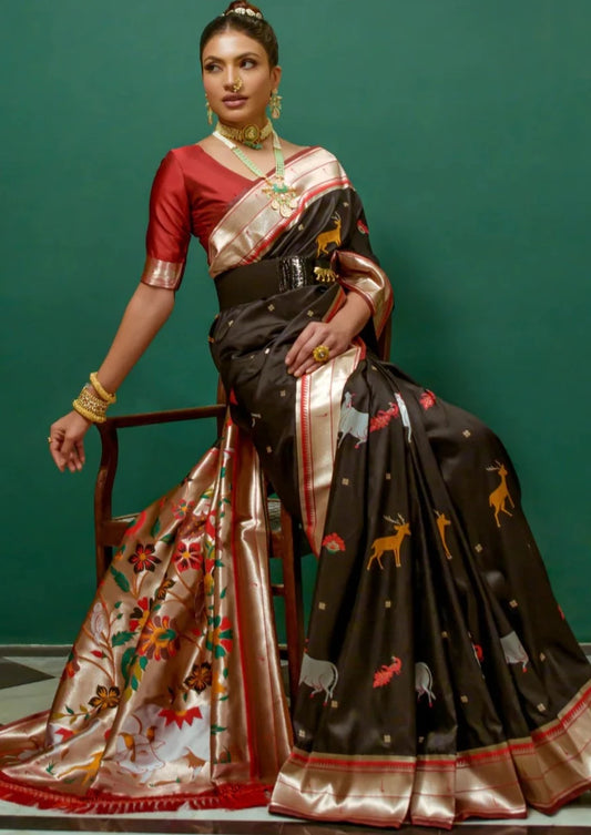 Pure paithani silk luxury handloom black saree online india usa with price.