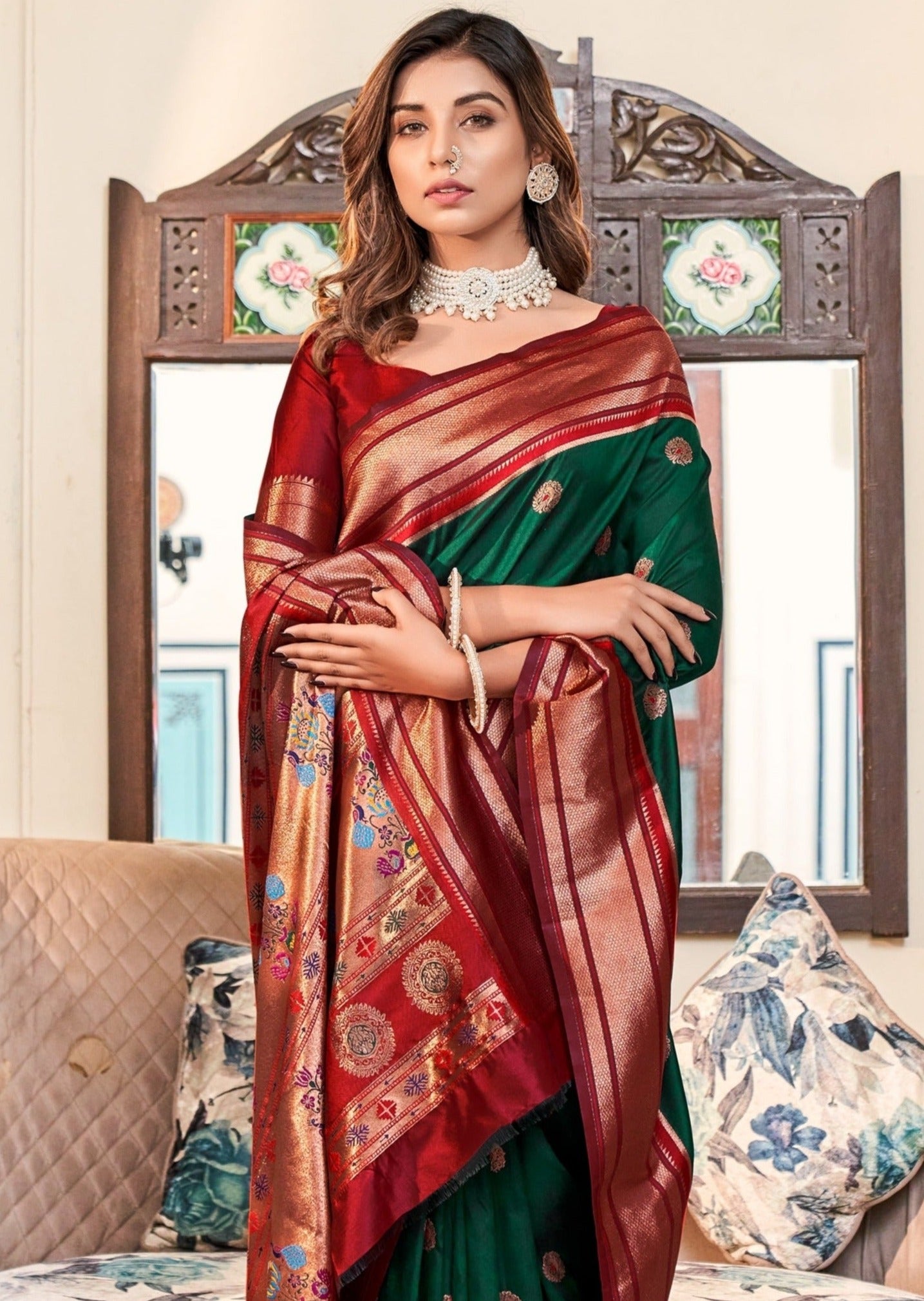 Pure paithani silk luxury royal green handloom bridal saree for wedding india usa.