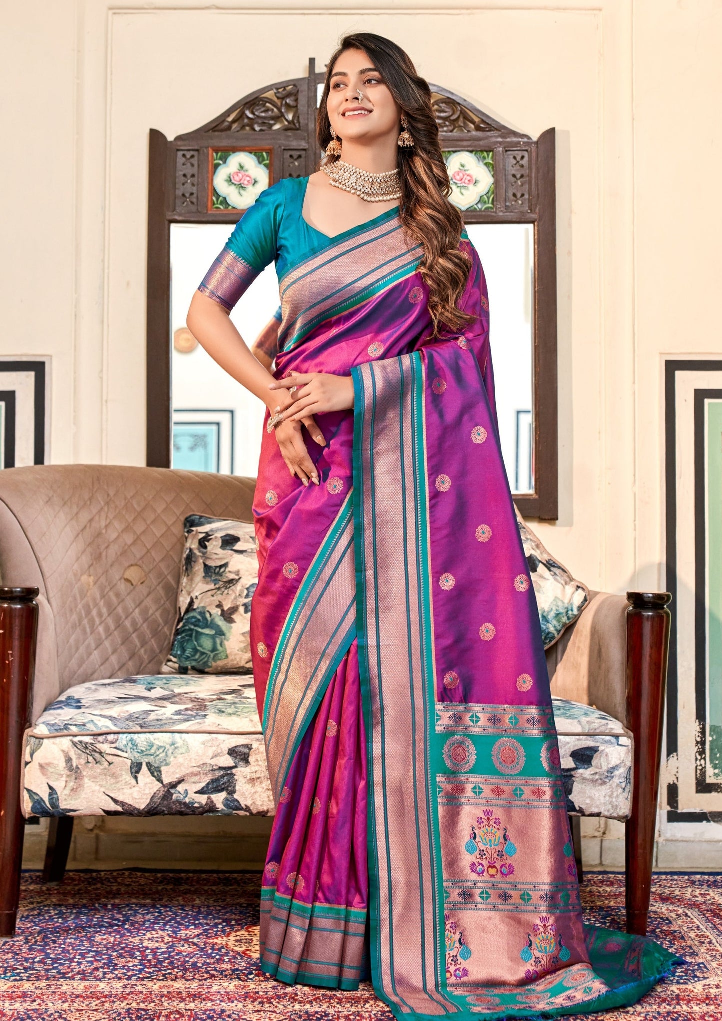 Pure paithani silk magenta pink bridal saree online shopping for wedding for bride.