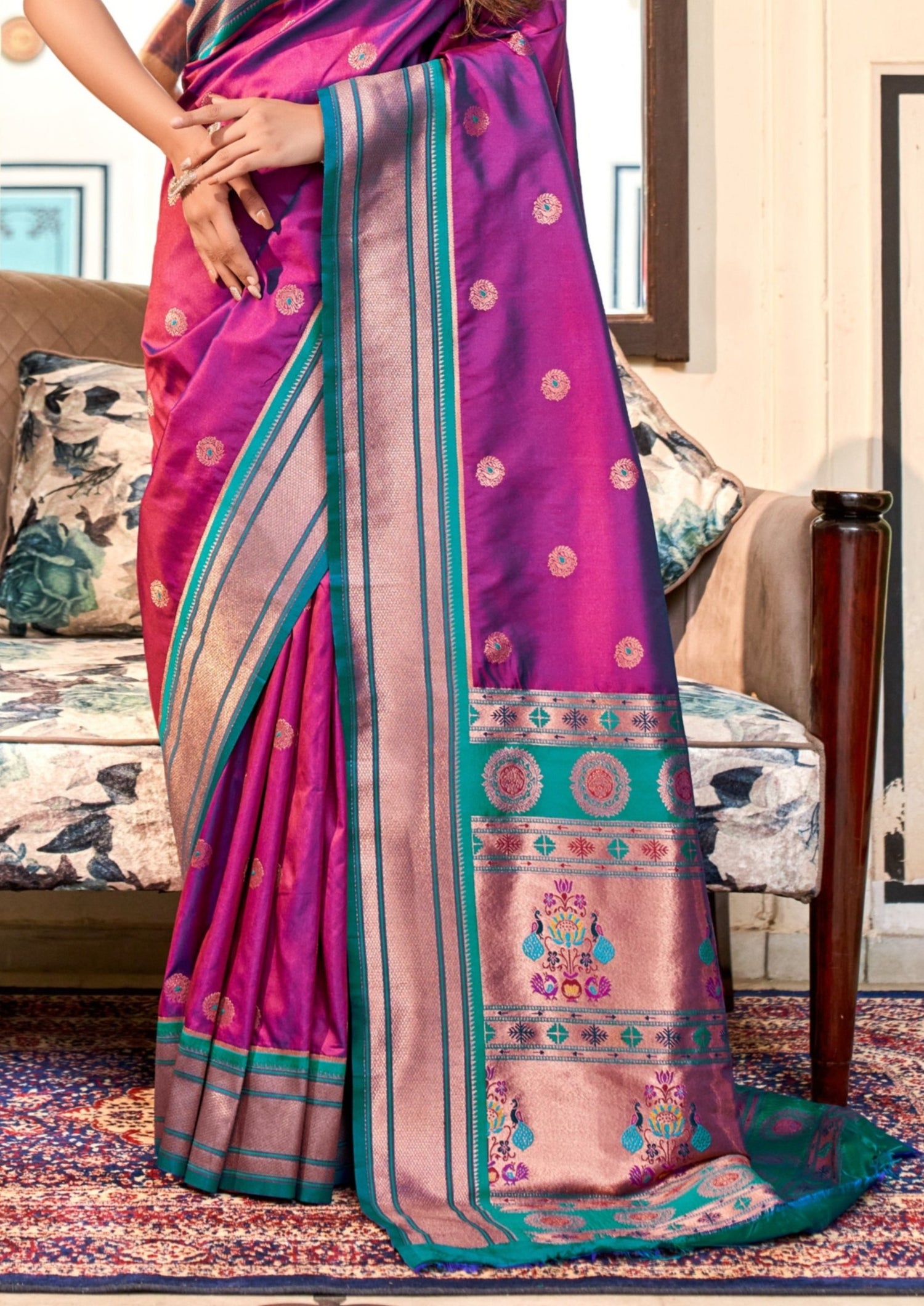 Pure paithani silk magenta pink bridal zari saree online shopping for wedding usa.