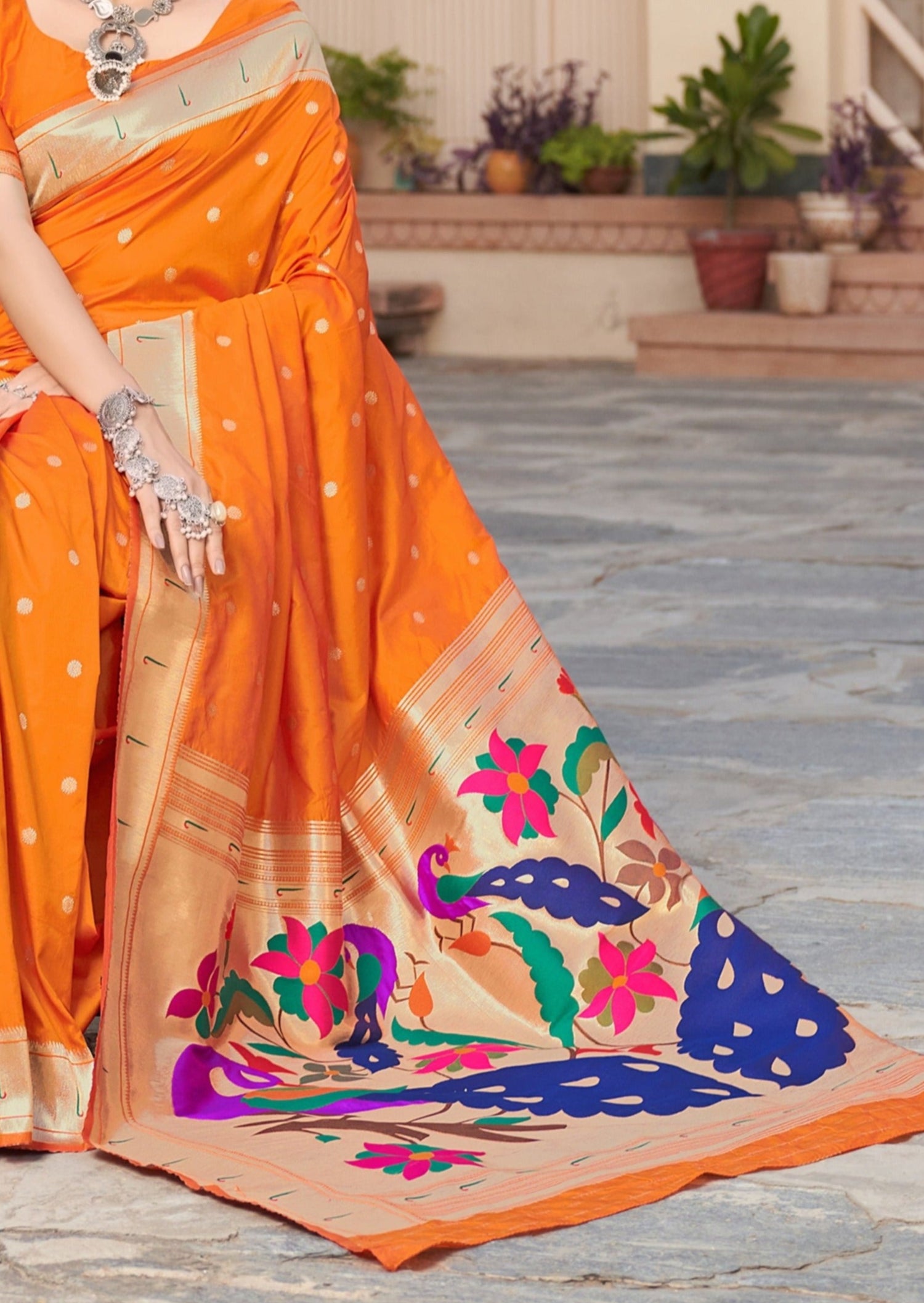 Pure paithani silk orange handloom saree online.