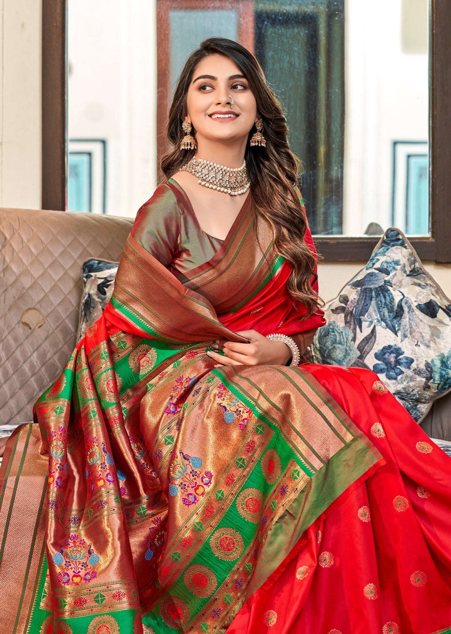 Pure paithani silk red handloom bridal saree blouse designs uk usa online price.