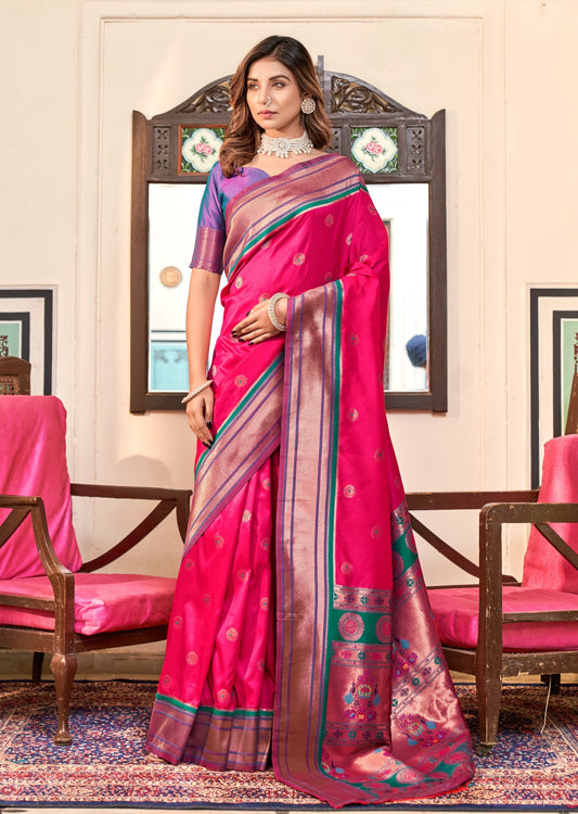 Pure paithani silk red handloom bridal saree contrast blouse online for wedding.
