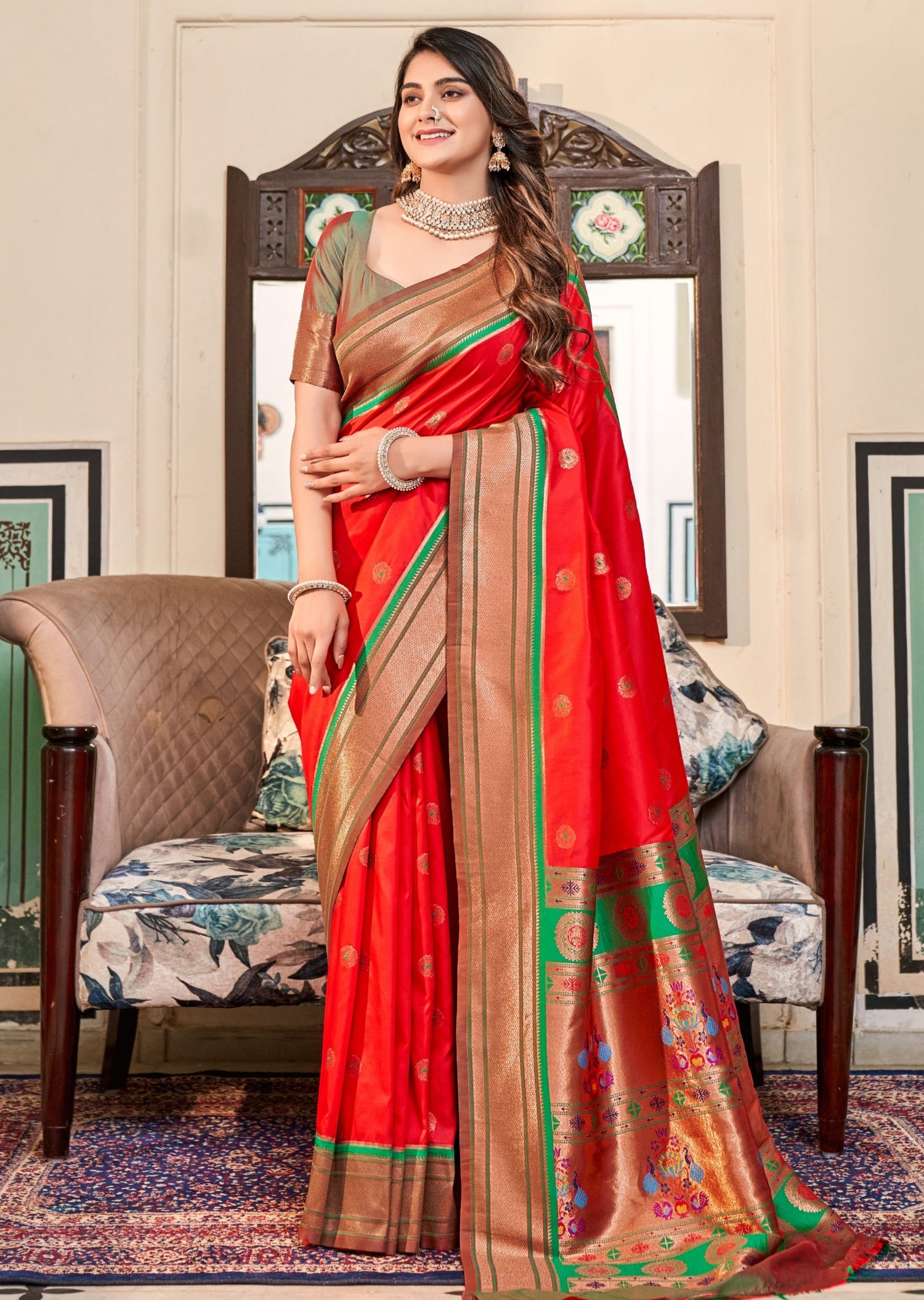 Pure paithani silk red handloom bridal saree designs online price for bride usa uk.