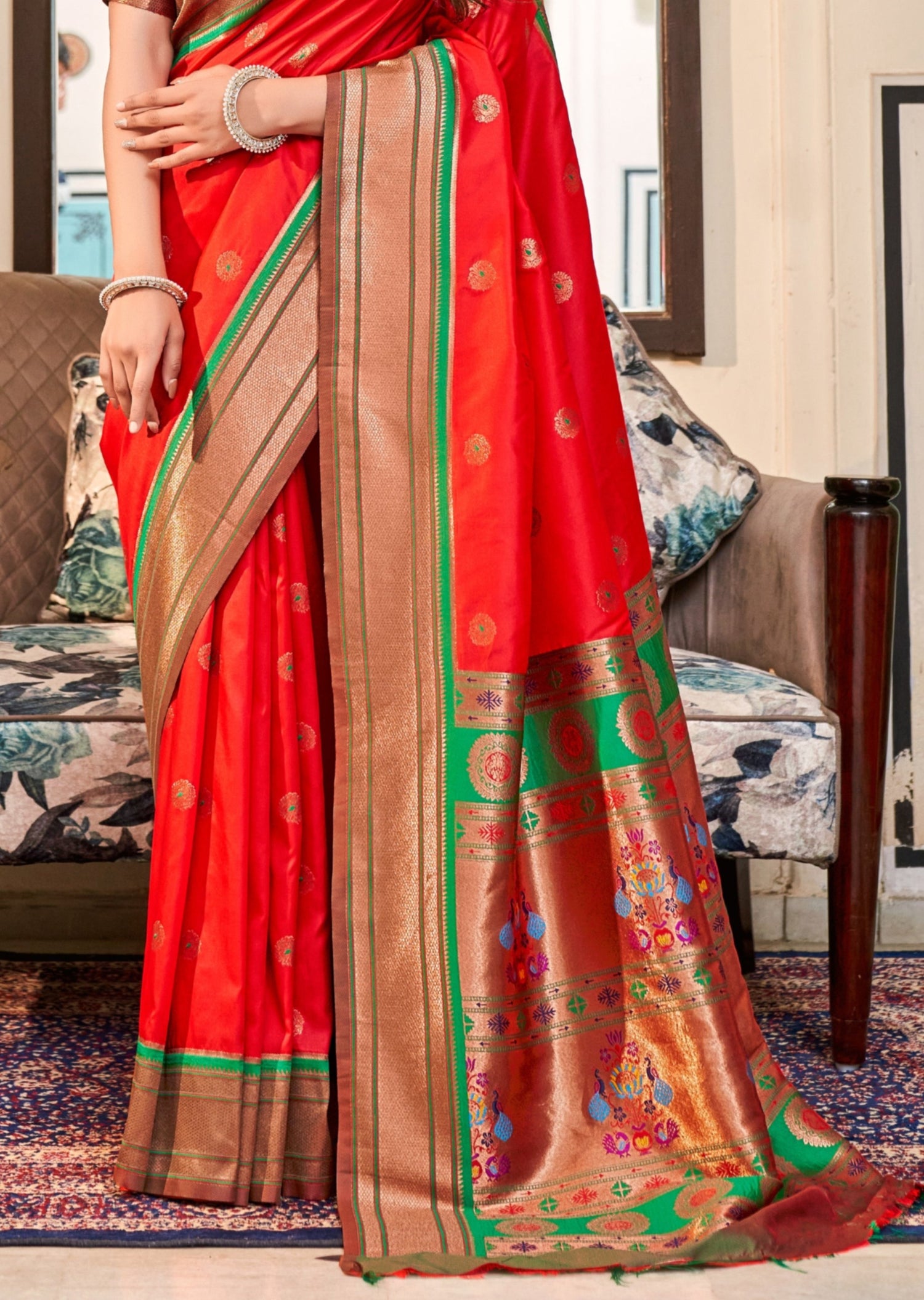Pure paithani silk red handloom bridal saree designs online price for bride usa.