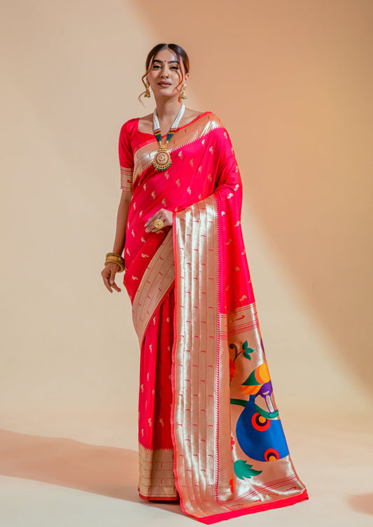 woman standing in Pure Paithani Silk Red Handloom Bridal Saree