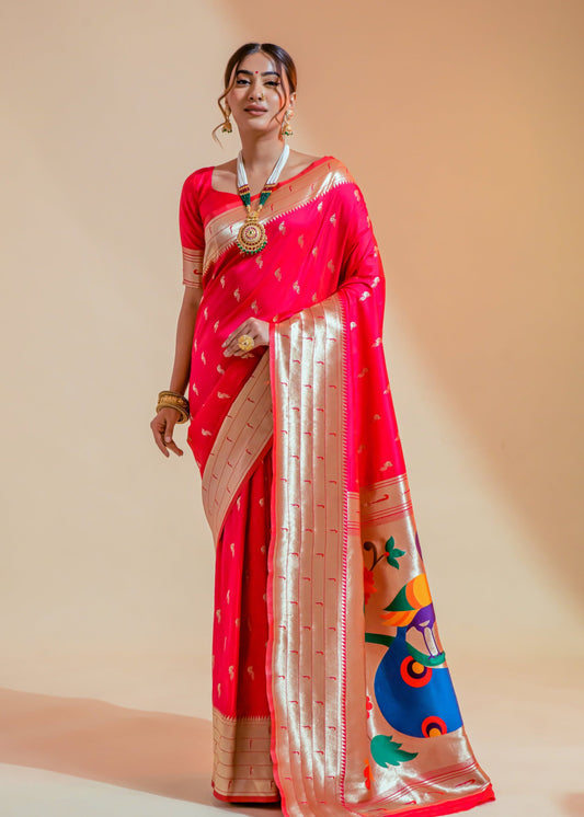 Woman's pure paithani silk red handloom bridal saree in usa online.