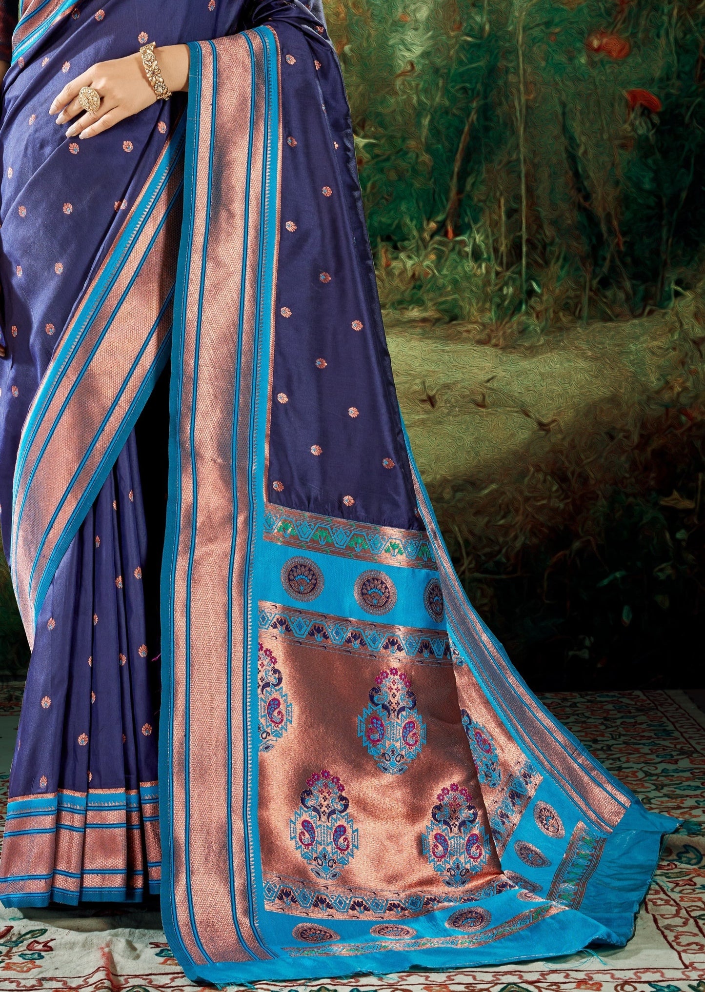 royal blue paithani saree with copper zari pallu design
