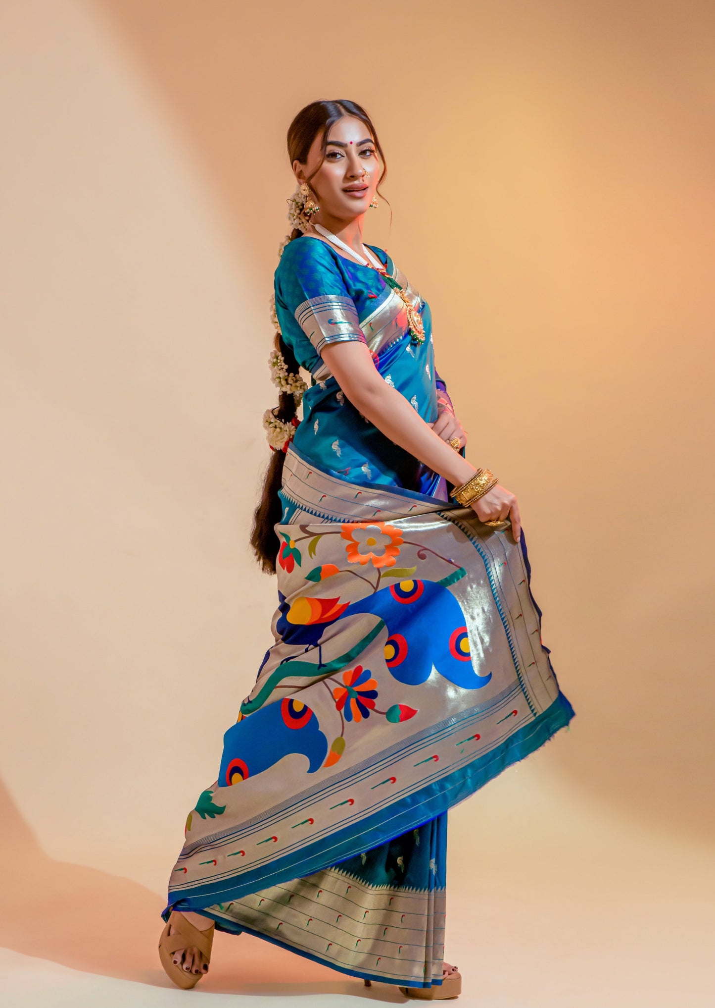 Pure Paithani Silk Teal Blue Peacock Handloom Saree