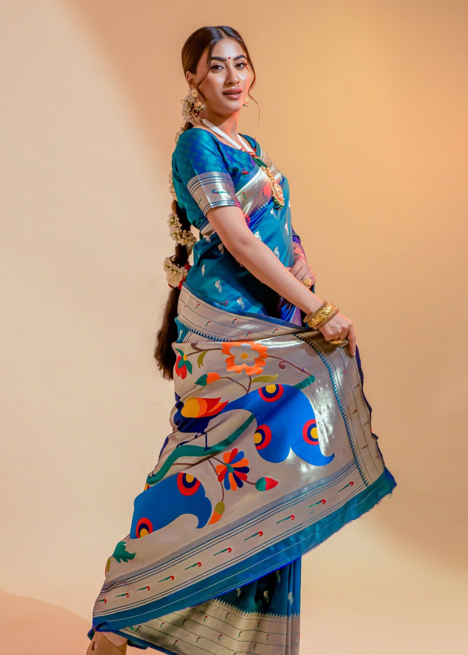 Pure paithani silk teal blue colour peacock design handloom saree online usa india.