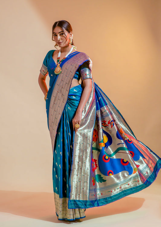 Pure Paithani Silk Teal Blue Peacock Handloom Saree